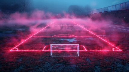 textured game field with neon fog - center, midfield. 3D Illustration.