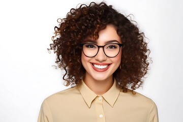 Obraz premium Cheerful Curly Business Girl Wearing Glasses White Background