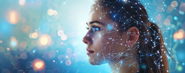 Digital representation of a woman with a network overlay.