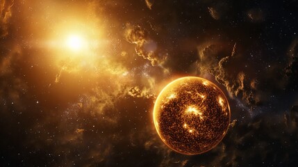 photorealistic render of Sun on black space background
