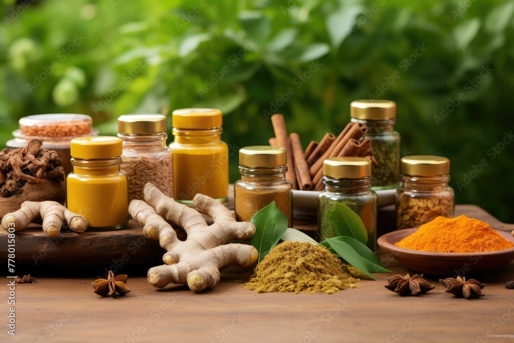 Poster various types of spices and herbs neatly arranged on a wooden table. generative ai