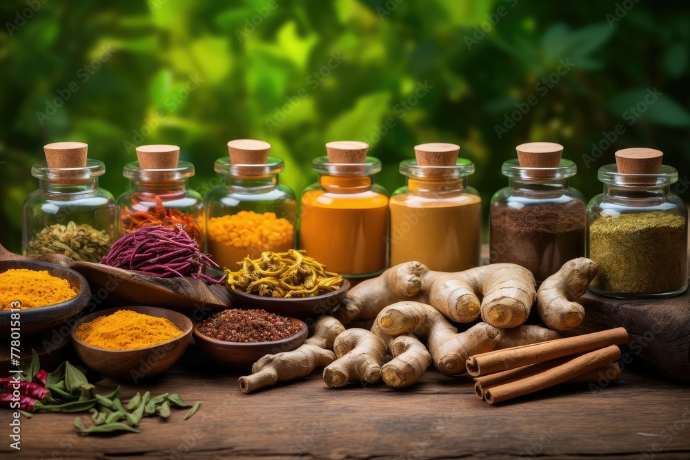 Poster numerous types of spices neatly arranged on a table showcasing a colorful array of ayurvedic and her