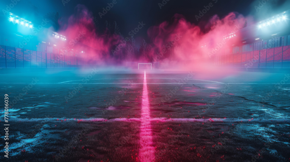 Poster textured game field with neon fog - center, midfield. 3d illustration.