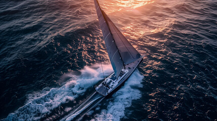 professional photo of a sport speed sailing vessel moving fast through the water, excitement, adventure, twilight, view from aerial drone