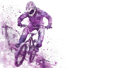 Purple watercolor painting of BMX bicycle motocross player in action
