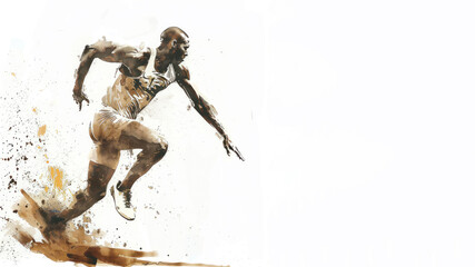 Brown watercolor of athlete doing long jump in athletic game competition