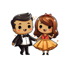 Bride and groom cartoon sticker on transparent background