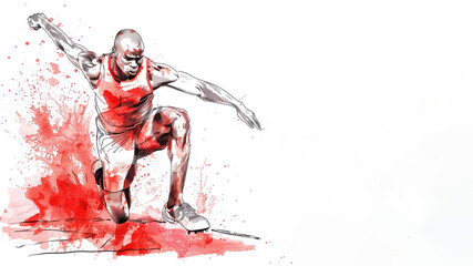 Red watercolor of athlete doing long jump in athletic game competition