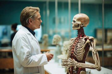 Doctor explaining human anatomy with a skeleton model. Generative AI image