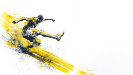 Yellow watercolor of athlete doing long jump in athletic game competition