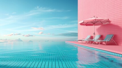 A surreal pink-toned poolside scene with palm trees, sun loungers, and an umbrella, evoking a dreamlike summer escape. Summer resort background