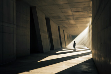 Generative AI image of a solitary figure in a sunlit corridor