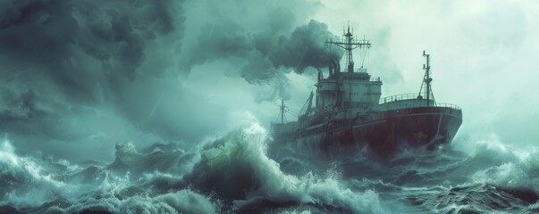 A futuristic interpretation of a cargo ship navigating stormy seas. - obrazy, fototapety, plakaty