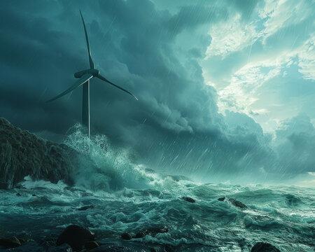 Show the strength and resilience of a windmill against a dramatic Pacific Saury backdrop.