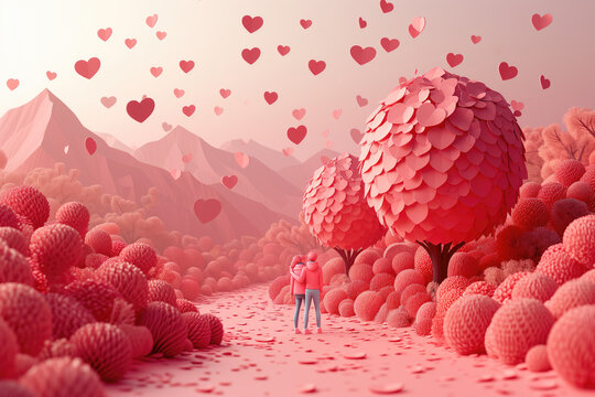 Generative AI image of a lush pink love-themed landscape