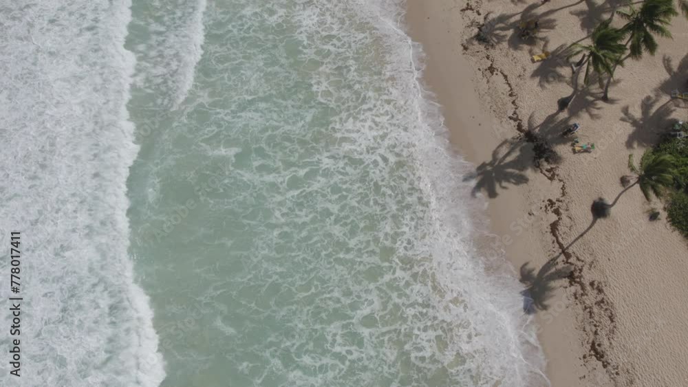 Poster a beautiful beach with a large wave crashing into the shore. the water is a deep blue color and the 
