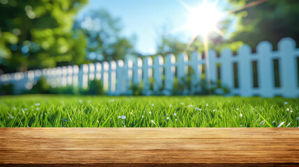 Summer time in backyard outdoors. Wooden table, blurred background