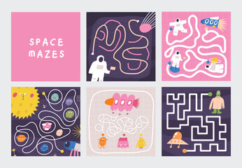 Cute space doodle mazes set with cosmonaut, alien, planets, ufo, spaceship, rocket. Cosmos, universe puzzle for kids, children. Funny cartoon style labyrinth with adorable characters