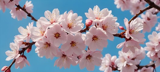 Beautiful pink  white cherry blossom branch on blue sky background