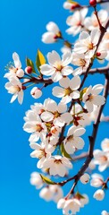 Beautiful pink  white cherry blossom branch on blue sky background
