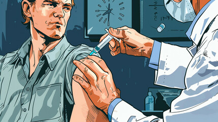 the doctor gives a man an injection in the arm with a syringe - obrazy, fototapety, plakaty