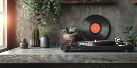 Chic turntable featuring vinyl record on table. Generative Ai - obrazy, fototapety, plakaty