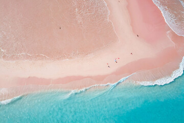 Fototapeta premium Top view of amazing pastel pink blue beach