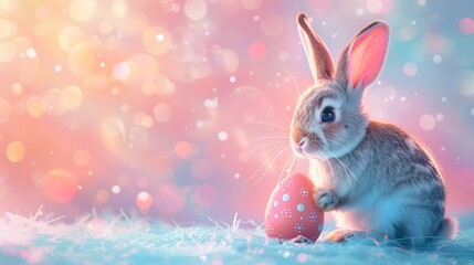 A cute easter bunny with an easter egg on a gradient background with copy space, an abstract poster for sales and marketing