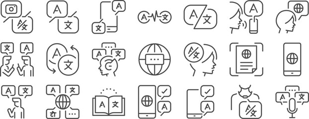 Translation icon set. It includes translator, translate, app, and more icons. Editable Vector Stroke. - 778019669
