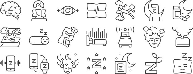 Sleep icon set. It includes sleepy, asleep, dream, deep sleep, sleeping and more icons. Editable Vector Stroke.