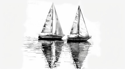 Sailing boats on water, in simple black and white photography style, minimalist pencil lines, reflections and mirroring