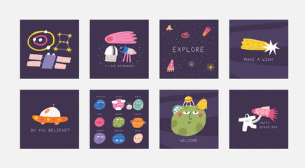Cute space postcard with funny hand drawn doodle planet, alien, falling star, cosmonaut, satellite. Cosmic, universe, night sky cover, template, banner, poster, print. Cartoon style background, t shir