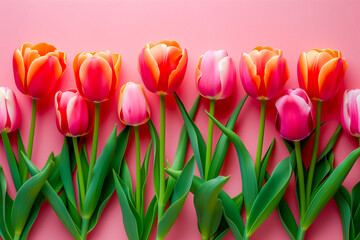 Fresh spring tulip flowers as a holiday postcard design color background with space for text