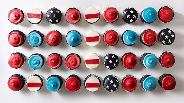 A meticulously arranged assortment of red, white, and blue cupcakes forming the pattern of the Flag of the United States of America, photographed from above on a pristine white table.