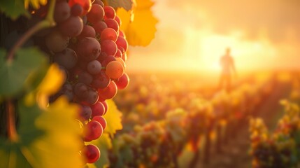 Sunlit clusters of ripe grapes in a vineyard with a blurred vigneron in the background. - obrazy, fototapety, plakaty