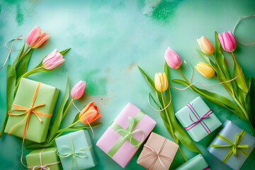 Spring tulip flowers, gift boxes on blue background top view in flat lay style. Greeting concept