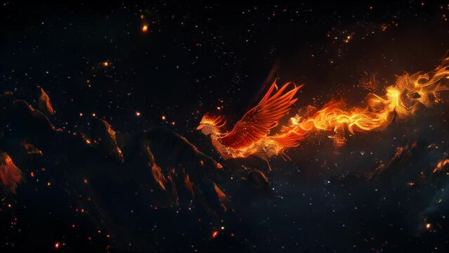 Against a backdrop of pitch-black darkness, a phoenix-like image formed from blazing flames. Vivid oranges and reds stand out starkly, creating a mysterious and fantastical atmosphere. 