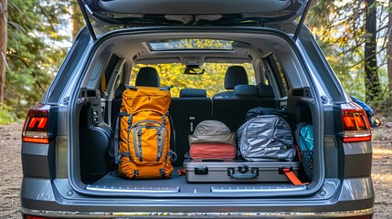 car tailgate opens with hiking and outdoor gear for a camping trip. street style photography