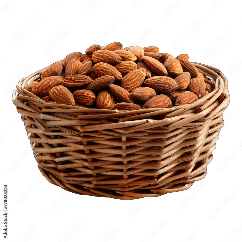 Poster Almond nuts in a wicker basket isolated on white background