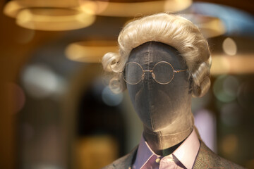 Creative male mannequin wearing retro pince-nez glasses and an eighteenth century wig.