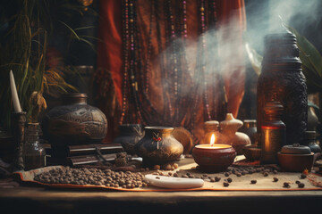 Altar table with candles and soft smoke of incense 300 DPI