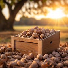 Pecan nuts harvested in a wooden box in a plantation with sunset. Natural organic fruit abundance. Agriculture, healthy and natural food concept. Square composition.