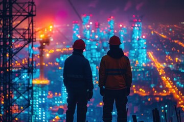 Silhouette workers construction the extension of high-voltage towers on blurred light city background in industry