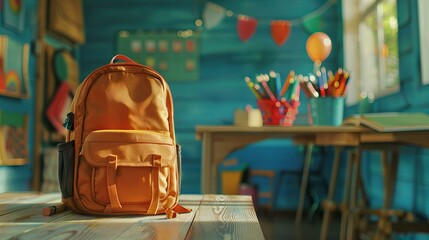 orange backpack on table, colorful school supplies in background, blue walls, wooden floors, copy space, back to school concept - obrazy, fototapety, plakaty