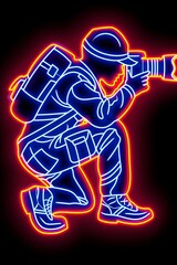 Fototapeta na wymiar Neon Soldier with Camera in Action Pose