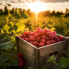 Raspberries harvested in a wooden box in a farm with sunset. Natural organic fruit abundance. Agriculture, healthy and natural food concept. Square composition.
