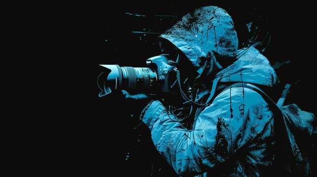 Stealth Photographer in Blue Camo on Black Background