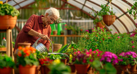 Senior Joy in Gardening, Active Elderly Woman Tending Plants in Greenhouse,  Lifestyle Magazine, Community Workshop, Horticulture Education, Eco-Friendly, Vegetarian Heathy Food Concept