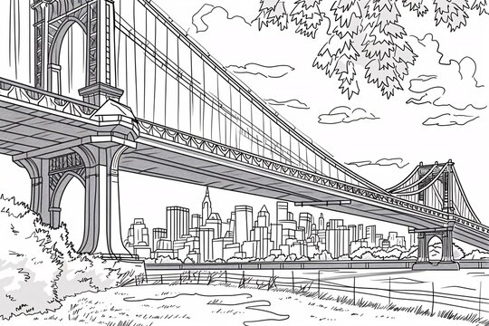 a drawing of a bridge over a river