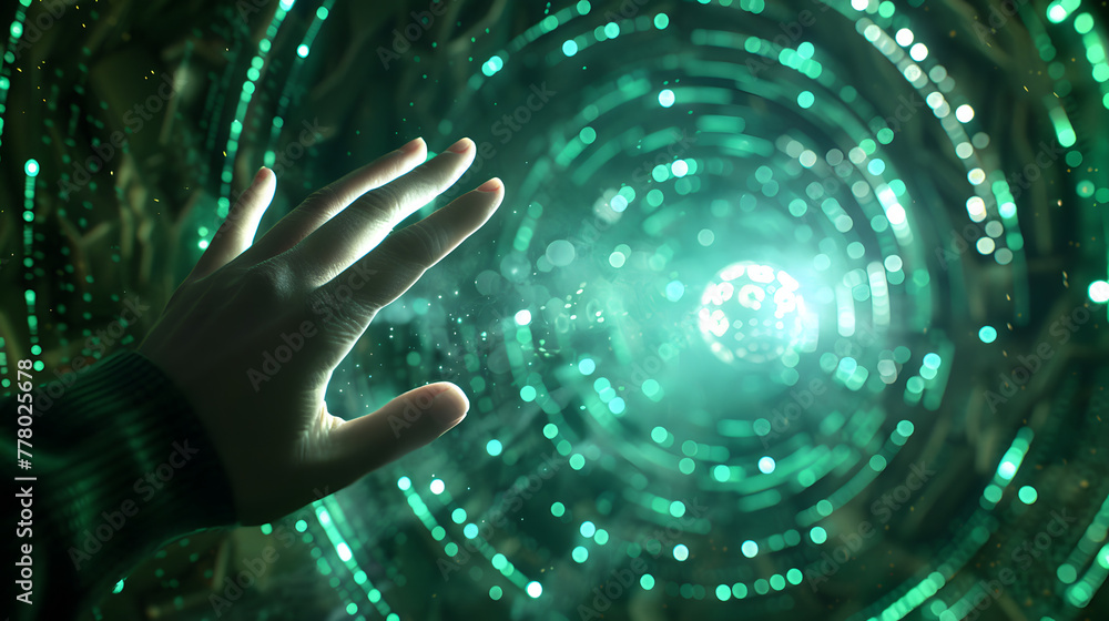Poster a hand reaches towards a glowing data tunnel in front of a digital background with a spiral light an